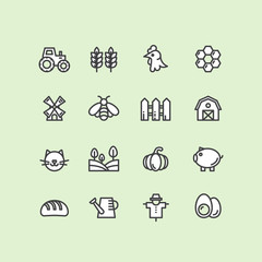 Vector Icon Style Illustration of Farm Symbols, Country Building, Household Tools, Pets and Domestic Animals, Isolated Minimalistic Object