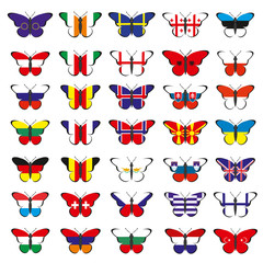 Thirty five butterflies with flags of European countries