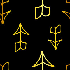 Tribal vintage gold arrows on black background. Seamless vector graphic pattern in native american style. For web page background, pattern fill, wallpaper, card, textile. Hand drawn. Gold pattern