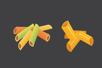 Vector set Italian pasta in cartoon style. Different types and shapes of macaroni with. Ravioli, spaghetti, tortiglioni illustration