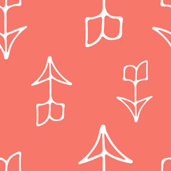 Tribal vintage white arrows on pink coral background. Seamless vector colorful graphic pattern in native american style. For web page background, pattern fill, wallpaper, card, textile