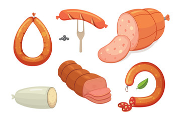 Set of vector cartoon sausage. Bacon, sliced Salami and Smoked Boiled. Isolated fresh Delicatessen icons. Grilled product on a white background