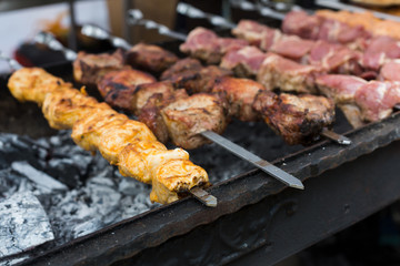 Beef and chicken kebab. Fresh meat at grill, bbq