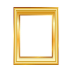 Golden frame isolated on white background. Classic style composition. Blank picture frame template. Modern design element for you product mock-up or presentation.