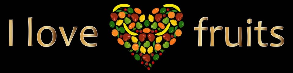 Background I like fruits, colorful fruits heart on black stock vector illustration