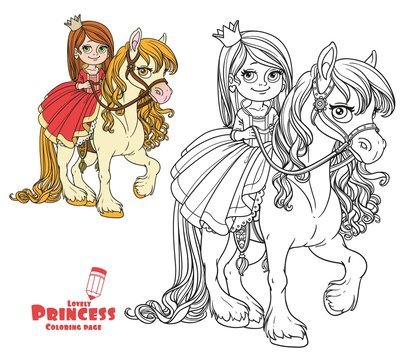 Beautiful little princess riding on horse color and outlined picture for coloring book on white background