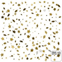 3d Gold stars. Confetti celebration, Falling golden abstract decoration for party, birthday celebrate, anniversary or event, festive. Festival decor. Vector illustration