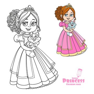 Beautiful princess holding kitten on hands color and outlined picture for coloring book on white background