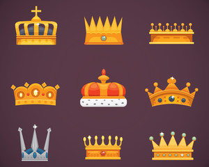 Collection of crown awards for winners, champions, leadership. Royal king, queen, princess crowns.