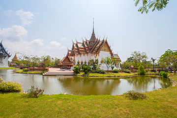 Fototapeta na wymiar SAMUT PRAKAN, THAILAND, MARCH, 6, 2017 - Dusit Maha Prasat Palace (The Grand Palace) in Ancient City Park, Muang Boran, Samut Prakan province, Thailand