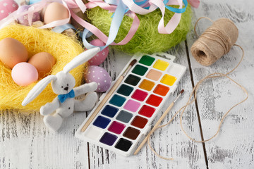 Easter bunny and pastel color egg. Kid creative workplace