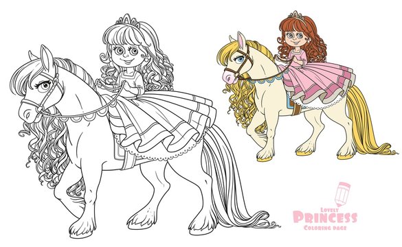 Cute little princess riding on a white horse color and outlined picture for coloring book on white background
