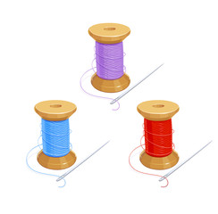 Colored thread reel with needle. Cotton for needlework. Sewing