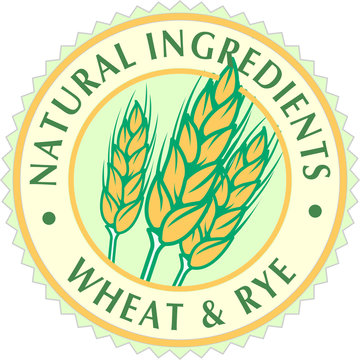 Three golden ripe wheat ears in circle with inscriptions about the natural components of wheat and rye. Sign brand-icon or logo template