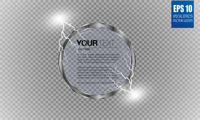 Abstract metal chrome ring power science transparent background. Electric shine round tech frame, energy lightning. Light effect with sparks. Fiction vector glowing stainless steel round
