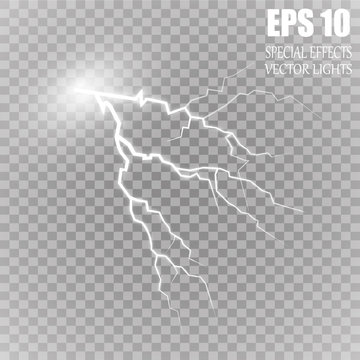 Vector lightnings. Set. Light Effects. Storm and sparkle, the fog cloud.