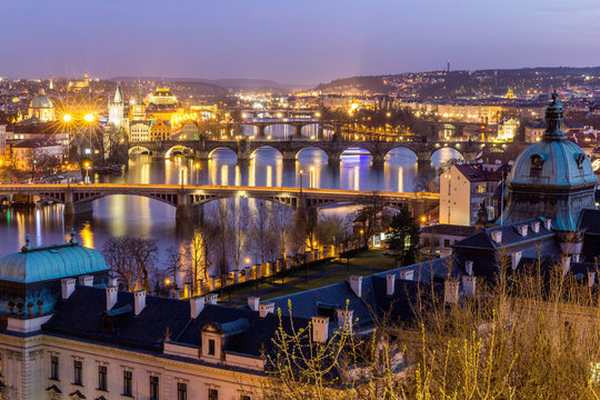 View of the most important bridges in Prague: Charles bridge, Palace bridge, Railway bridge, Legion bridge, Manes bridge, Jirasek bridge. Czechia