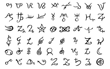 A set of alchemical symbols isolated on white. Hand drawn elements for design. Mystical, esoteric, occult theme.