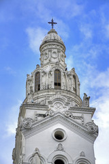 Fototapeta na wymiar Old steeple from Quito's cathedral in the downtown area. Quito, Ecuador, South America