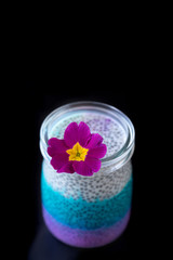 healthy vegan coconut chia seeds pudding breakfast dessert fresh fruit blueberry flower hands