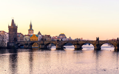 Fototapeta premium Charles Bridge at sunrise, most beautiful bridge in Czechia. Prague, Czech Republic