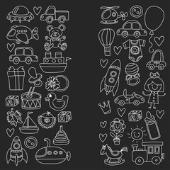 Vector doodle set with toys for shop, store, kindergarten, nursery Hand drawn vector illustration