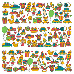 Vector doodle set with toys for shop, store, kindergarten, nursery Hand drawn vector illustration