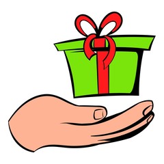 Gift red box in a hand icon, icon cartoon