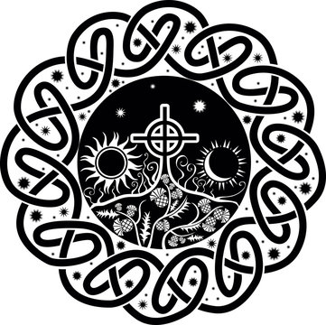 black and white vector image of Celtic cross with moon and sun
