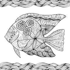 Hand drawn stylized fish with doodle, zentangle, floral, vintage elements with waved pattern frame. Coloring page for  coloring book for adults. Isolated on white.