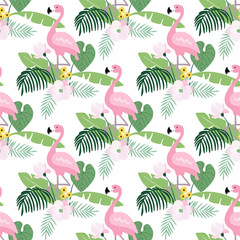 Tropical jungle seamless pattern with flamingo bird, palm leaves and magnolia or lotus flowers. Flat design, vector illustration background.