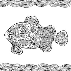 Hand drawn stylized fish with doodle, zentangle, floral, vintage elements with waved pattern frame. Coloring page for  coloring book for adults. Isolated on white.