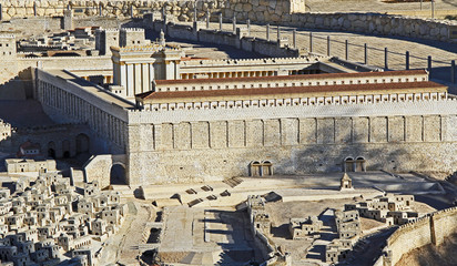 Model of ancient Jerusalem at the time of the second temple.  Focusing on the Temple Mount, Temple, The Royal Basilica, Huldah Gates, Robinson’s Arch, and the Tomb of Prophetess Huldah, 