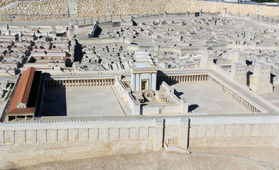 Model of ancient Jerusalem at the time of the second temple.  Including the Temple on the Temple Mount, The Royal Basilica, Eastern Gate on the Kidron Valley with the city of Jerusalem behind it.