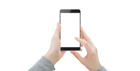 Isolated black modern phone in female hands on white background