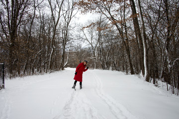 Woman winter walk forest 