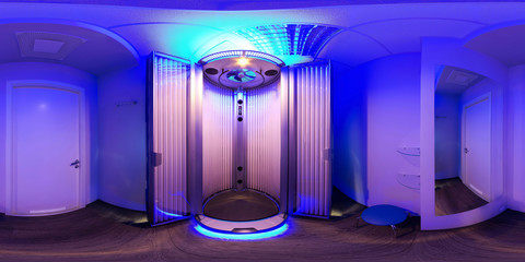 Panorama 360 rooms with blue solarium open tanning unit view in 3d 360 degree view of solarium....