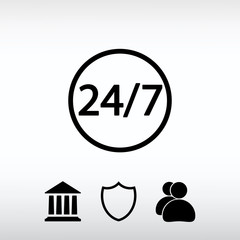 24 hours a day and 7 days a week icon, vector illustration. Flat