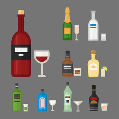Alcohol drinks beverages cocktail whiskey drink bottle lager refreshment container and menu drunk concep different bottle and glasses vector illustration.