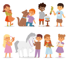 Toddler cartoon kids characters petting little pet in and cute kind child feeding animals friends in the zoo friendship vector illustration.