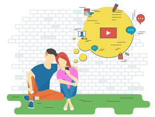Keeping track concept illustration of young man and woman using smartphone for watching video, online shopping, chatting, newa reading and networking. Flat design of people addicted to network - obrazy, fototapety, plakaty