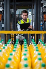 Factory worker using digital tablet in forklift