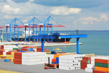 Port cargo crane, ship and container