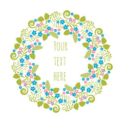 Happy Easter greeting card with cartoon Forget me not flowers. Vector drawing, rose flower buds, twigs, sprigs and leaves isolated in white. Place for text, copyspace