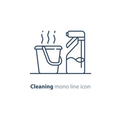 Sanitation objects set, cleaning equipment items and services, line icons