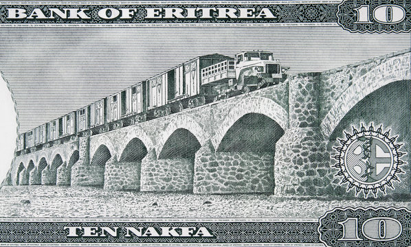 Train on the  Dogali River Bridge on Eritrea 10 nakfa banknote close up, Eritrean money closeup