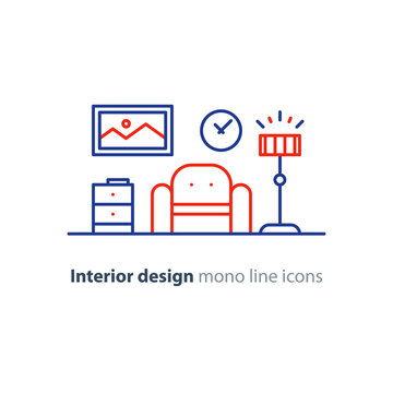 Simple interior, apartment design services, line furniture icons set