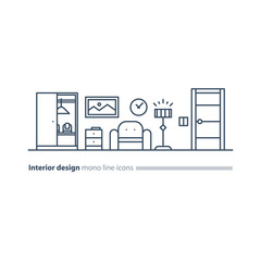 Simple interior, apartment design services, line furniture icons set
