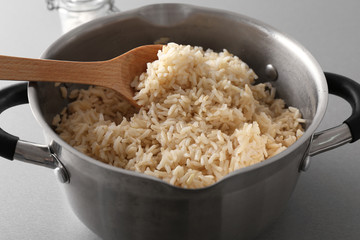 Prepared brown rice in saucepan