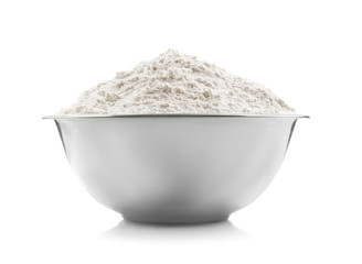 Bowl with flour on white background